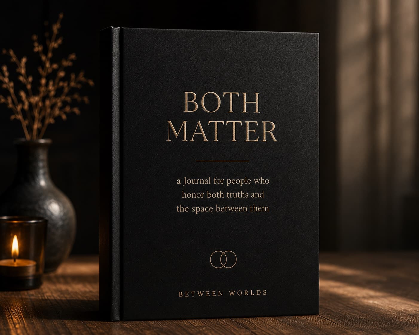 Black Both Matter journal cover with gold lettering on a candlelit table.