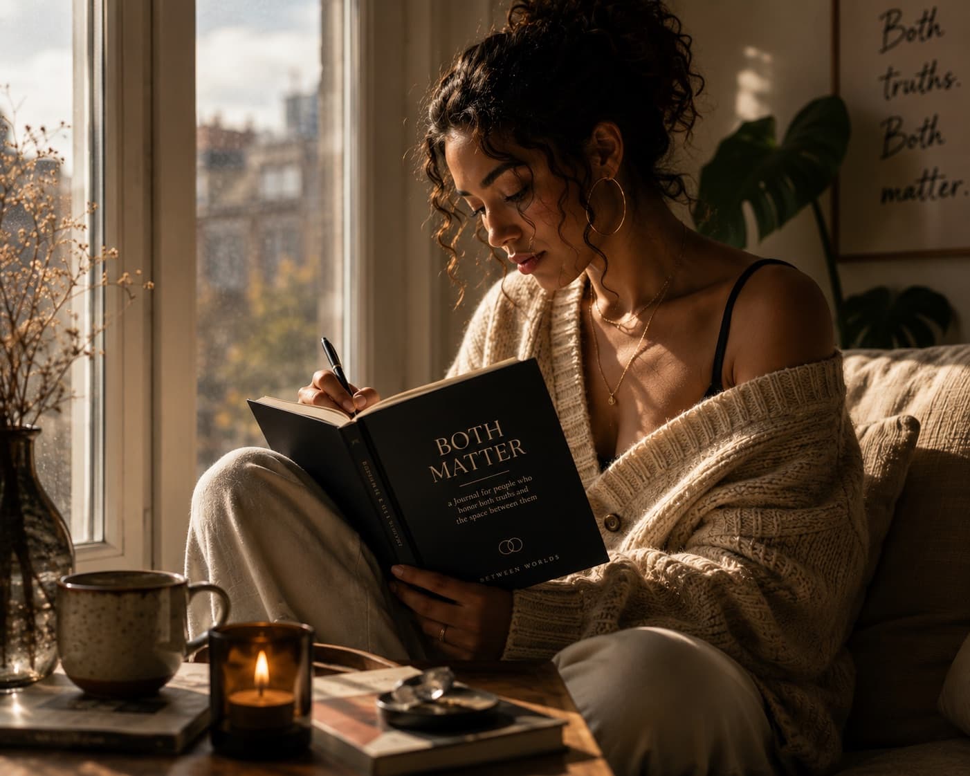 A person writing in the Both Matter journal near a sunlit window.