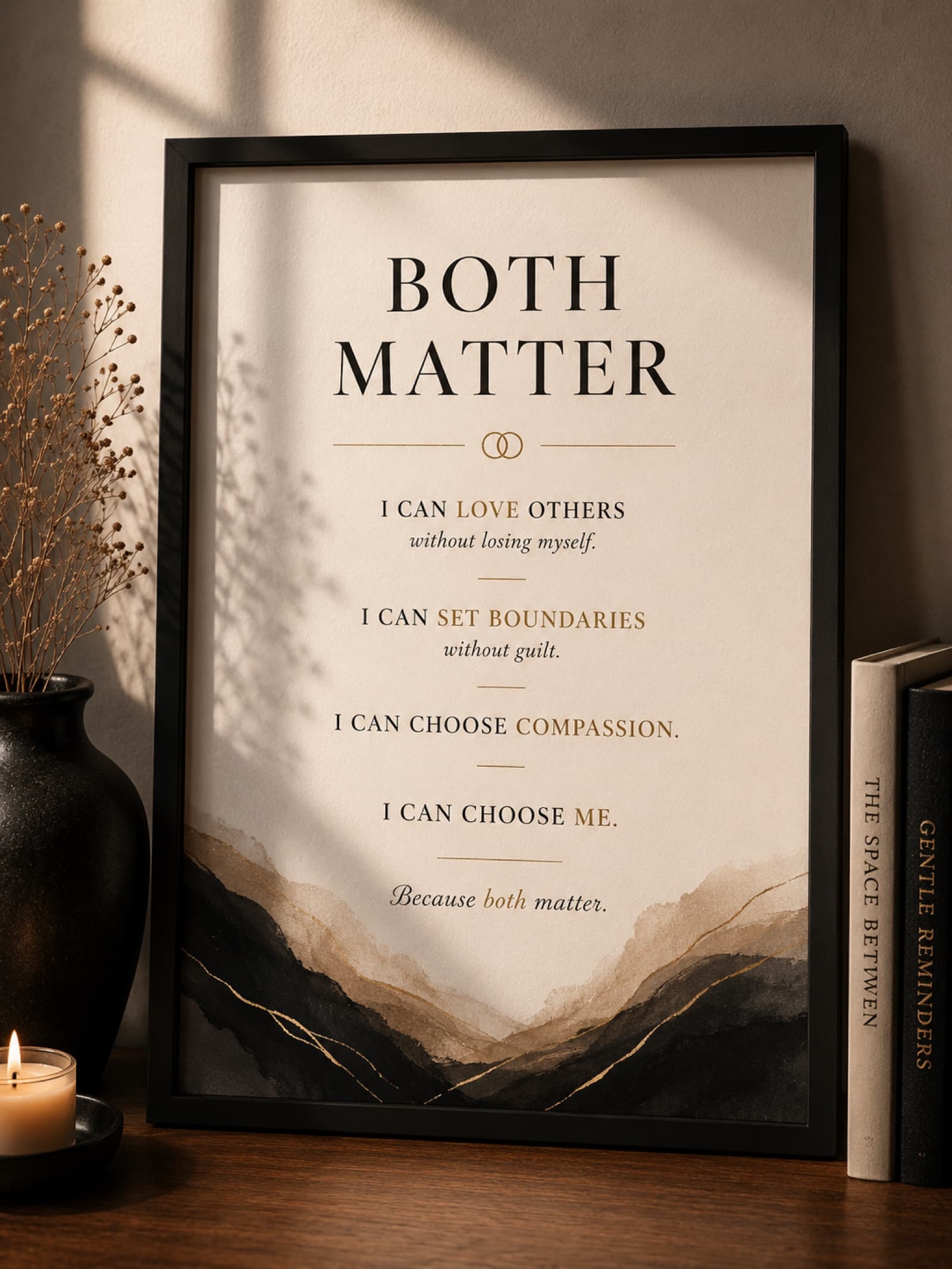 Framed Both Matter art print with cream paper, black frame, and warm candlelit styling.
