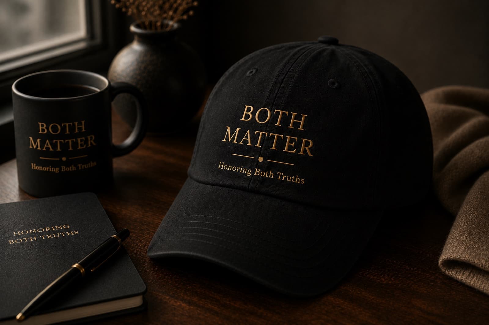 Black Both Matter hat with gold lettering on a warm wooden table beside a mug and notebook.