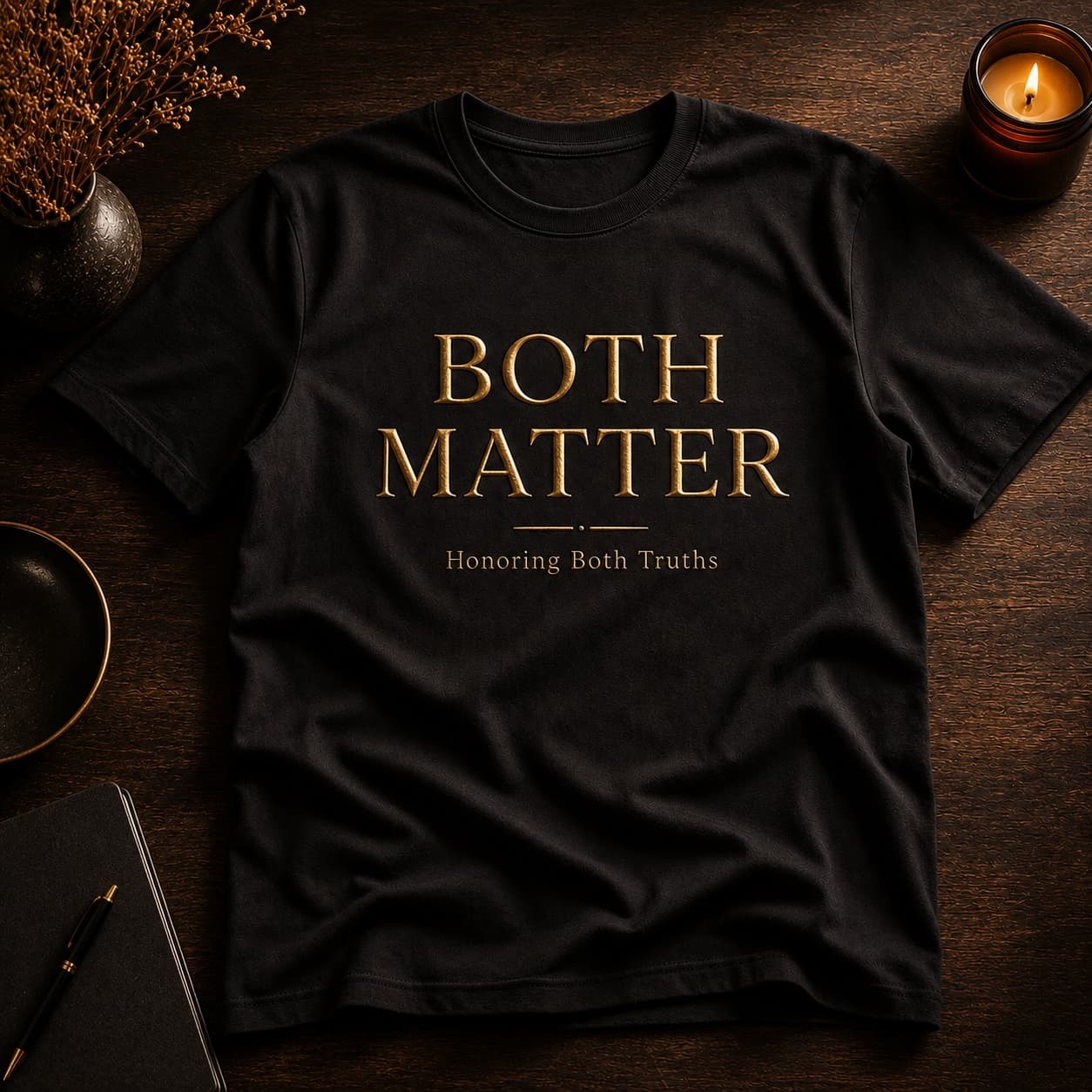 Black Both Matter premium tee with Honoring Both Truths lettering on a warm dark tabletop.