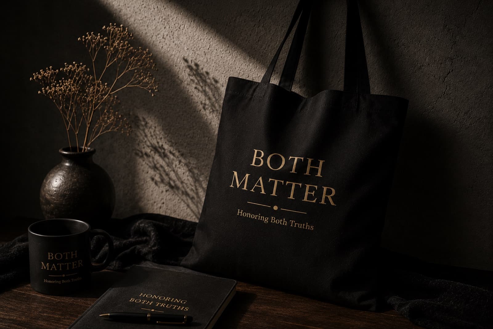 Black Both Matter tote bag with gold lettering staged beside a mug and notebook.