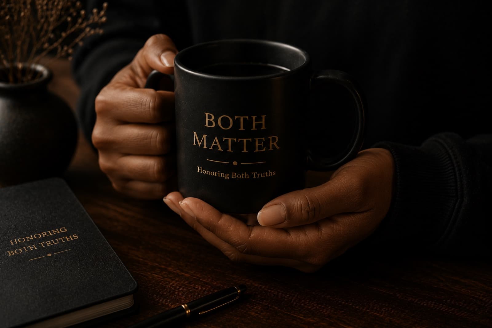 Hands holding a black Both Matter mug beside a journal on a warm wooden table.