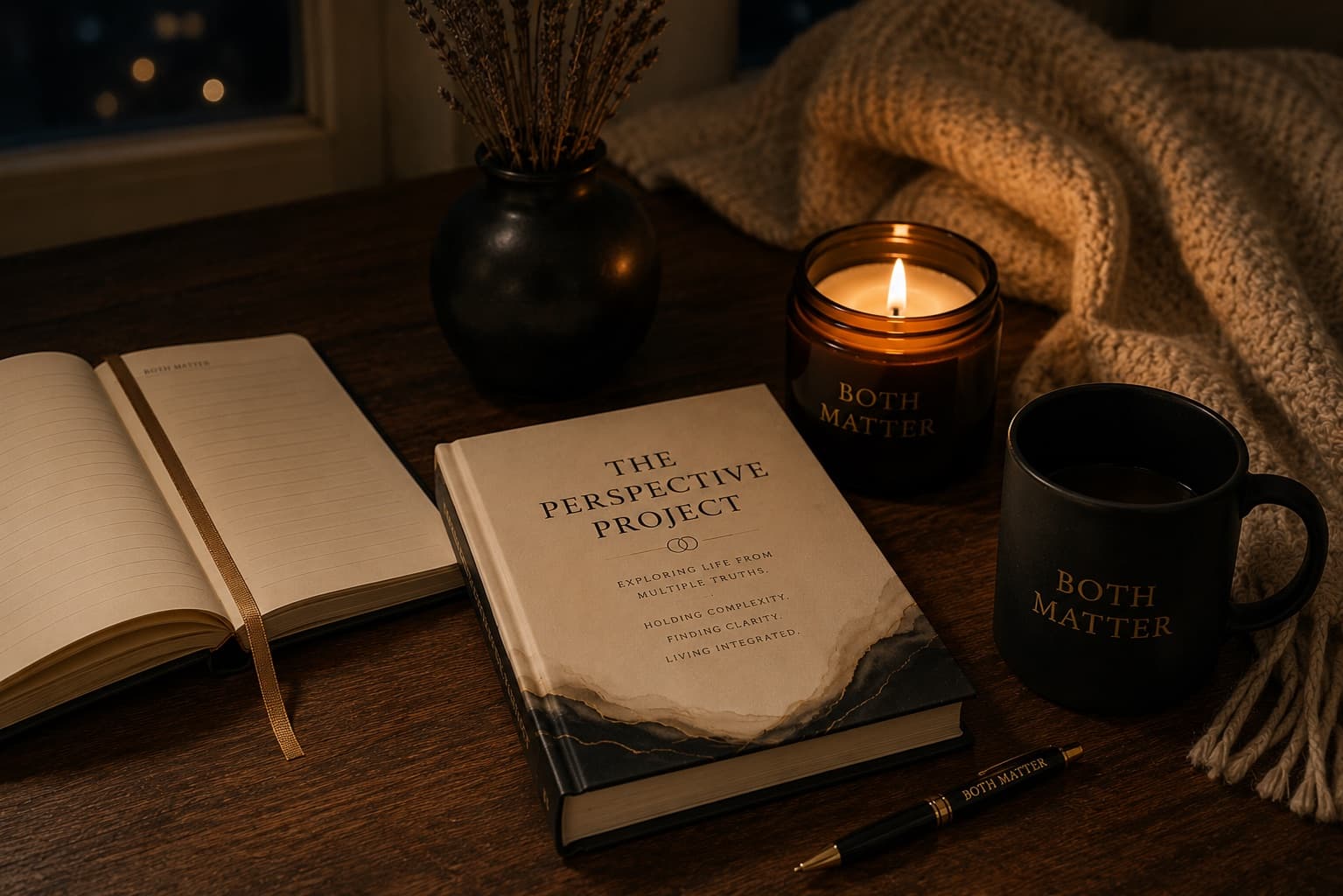 Both Matter candle, journal, mug, and art print arranged for an evening reset.