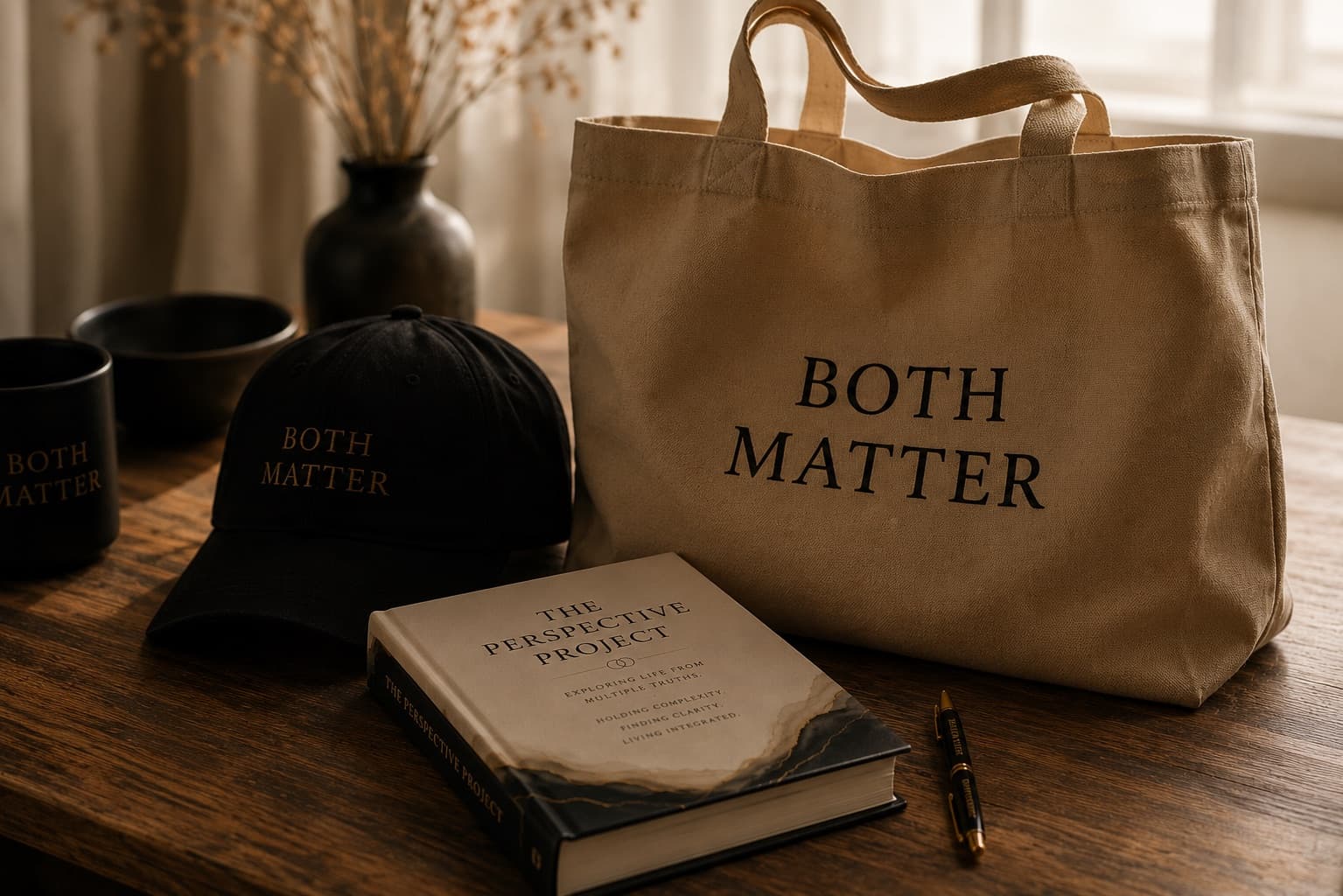 Both Matter tote, hat, journal, mug, and pen staged in warm daylight.