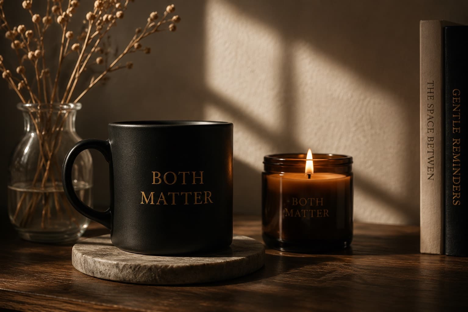 Both Matter mug beside a candle, dried flowers, and quiet morning light.