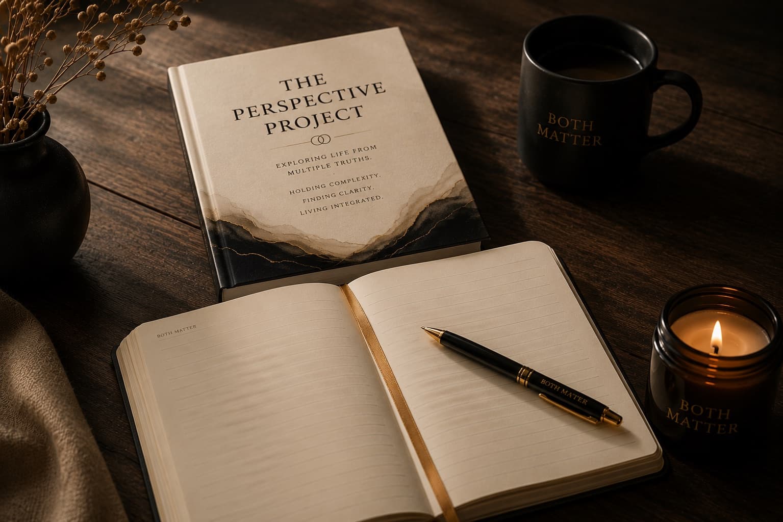 The Perspective Project journal with an open notebook, pen, and Both Matter mug.